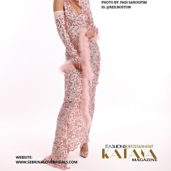 Sample Gown "TONI" Rose Gold Sequin Blush Hybrid Sheath Mermaid Wedding Gown Set - Picture 13 of 16